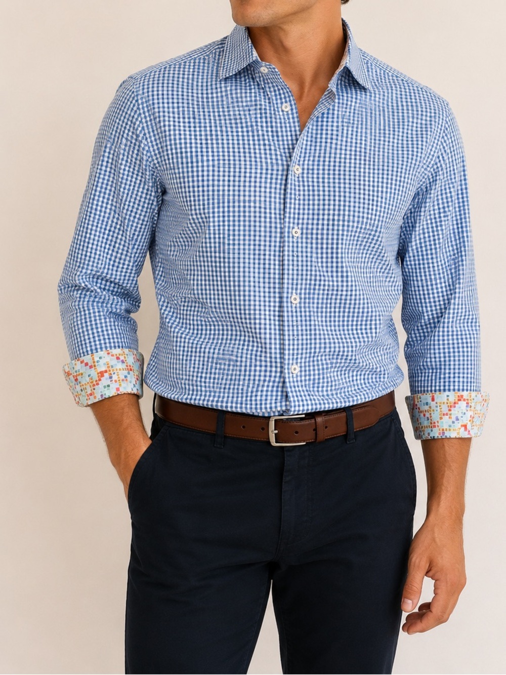 Robert Graham Silk Cotton Blend Star Check Print Long Sleeve Button Down 2XL